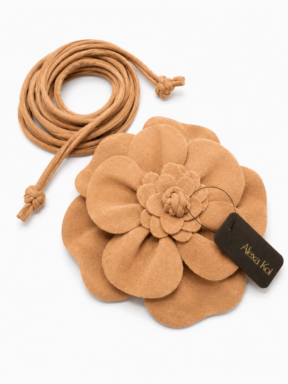 Alexa Koi Faux Suede Sand Beige 3D Flower Wrap Belt – 86” Boho Statement Belt